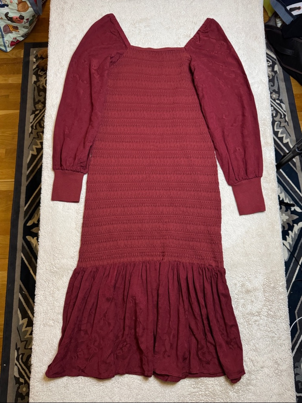 Anthropologie Burgundy Smocked Midi Dress with Puff Sleeves sz L - Picture 3 of 12